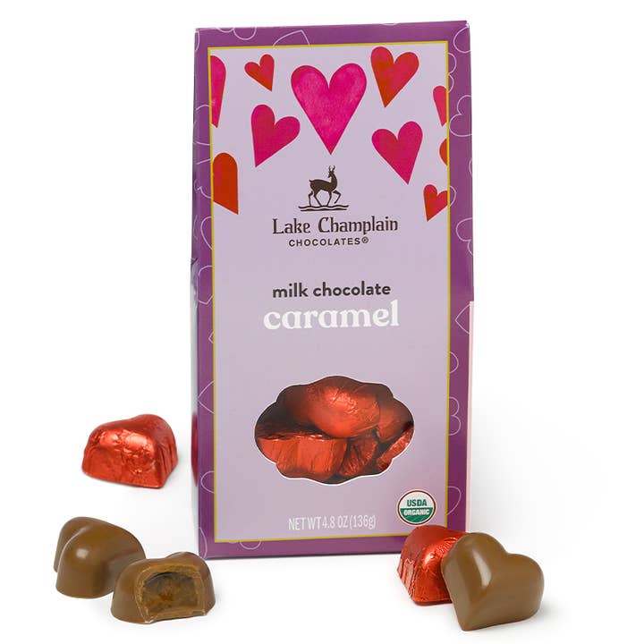 Valentine Hearts Gift Box, Milk Chocolate Caramel, Organic for wholesale by Lake Champlain Chocolates