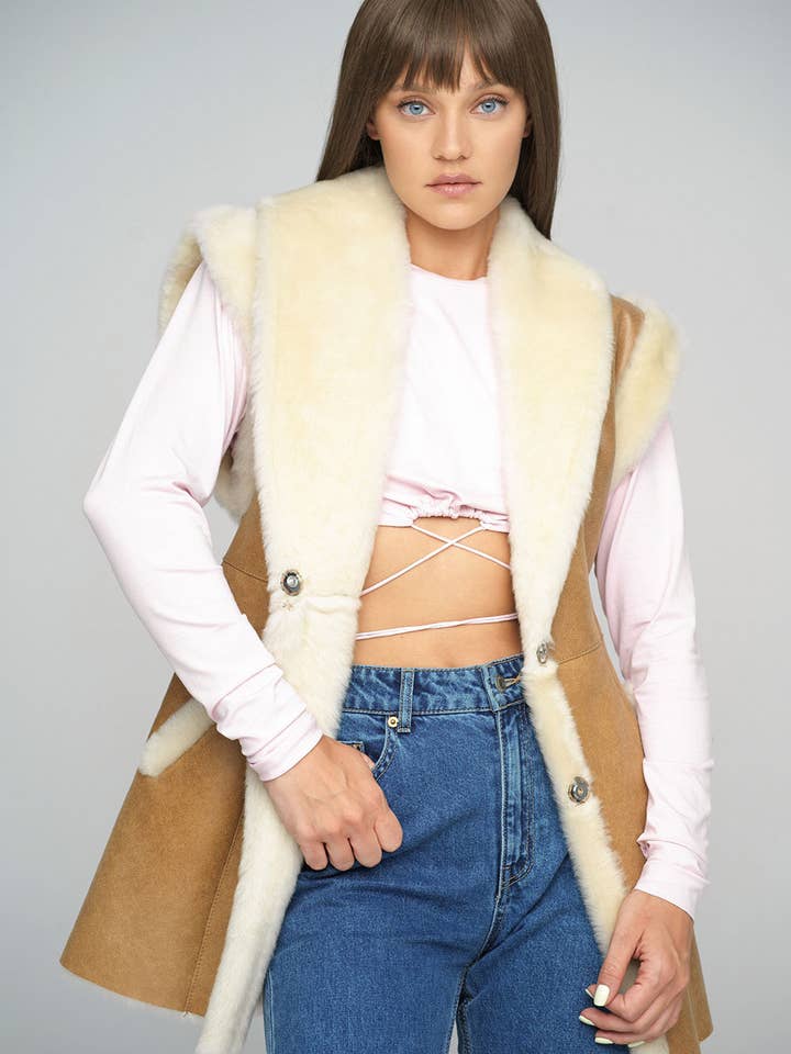 Beige Merino Shearling Vest for wholesale by Buy Me Fur