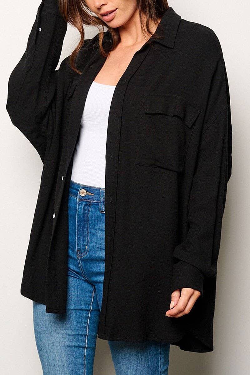 ROUSSEAU - Wholesale Button Down Shirt - Women's - BUTTON UP FRONT POCKETS OVERSIZED SHIRT5