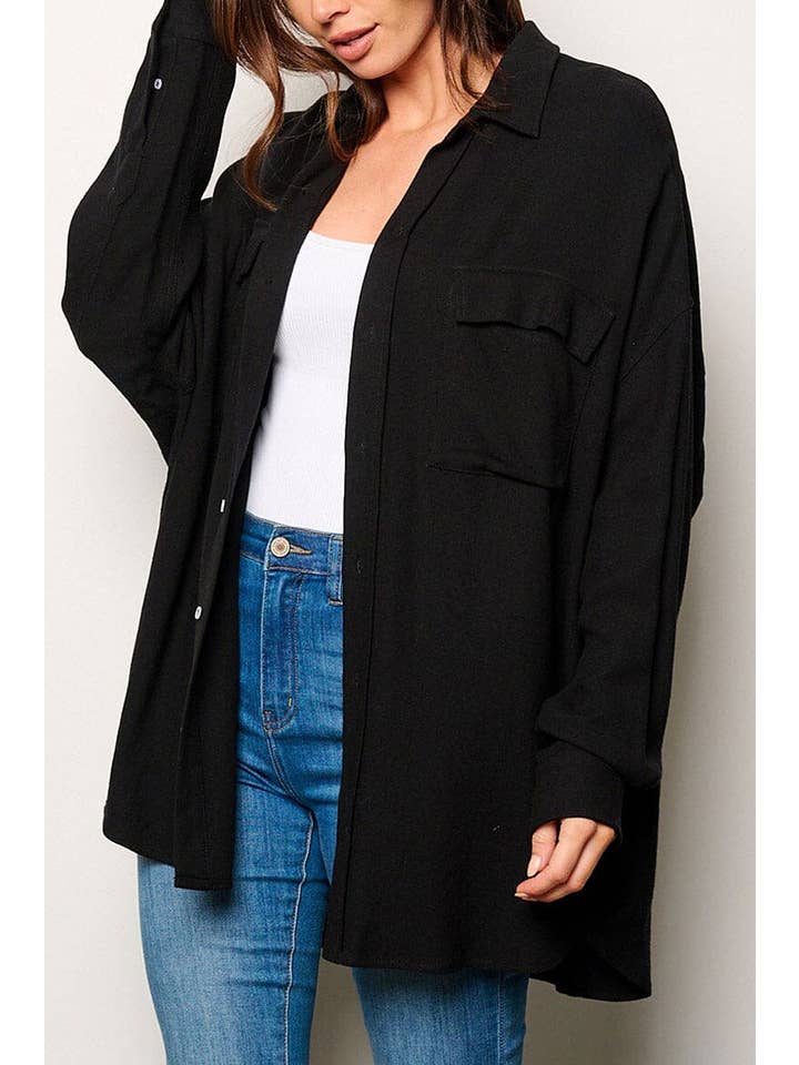 ROUSSEAU - Wholesale Button Down Shirt - Women's - BUTTON UP FRONT POCKETS OVERSIZED SHIRT5