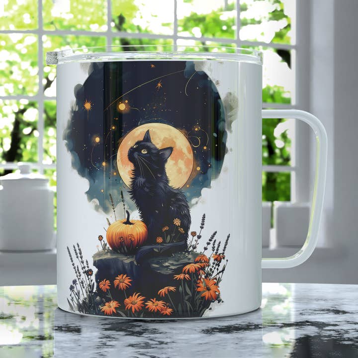 Loftipop - Vente Gourde/bouteille isotherme - Mug de voyage Witchy Autumn Full Moon Cat, cadeaux d'automne pour Halloween1