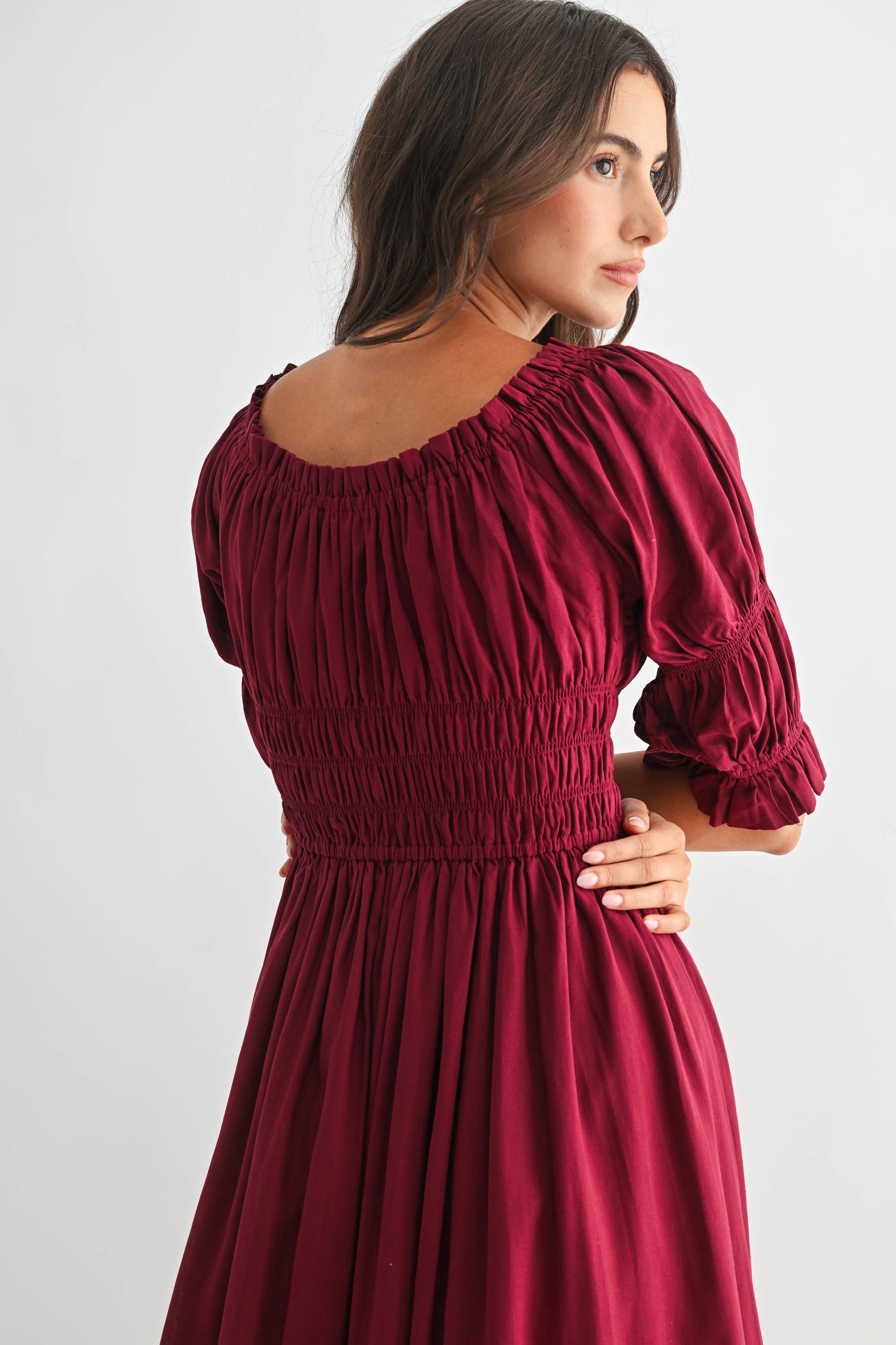Camellia - Vente Robe – femme - ROBE MIDI ÉPAULES DÉNUDÉES SMOCKÉE AVEC JUPE PLISSÉE14