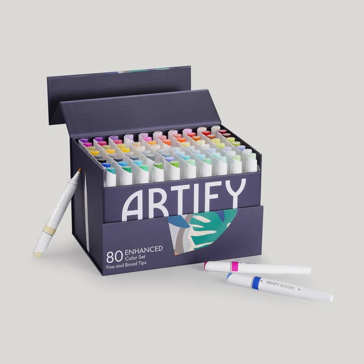 ARTIFY 80 färger konstnärsmarkörer - Fina & breda dubbla spetsar professionella konstnärsmarkörer med bärväska för wholesale av Artify
