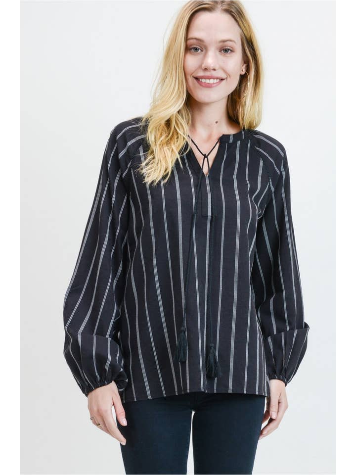 Cotton Bleu - Wholesale Blouse - Women's - Women's Striped Washed Cotton Blouse with Ladder Trim 61709W