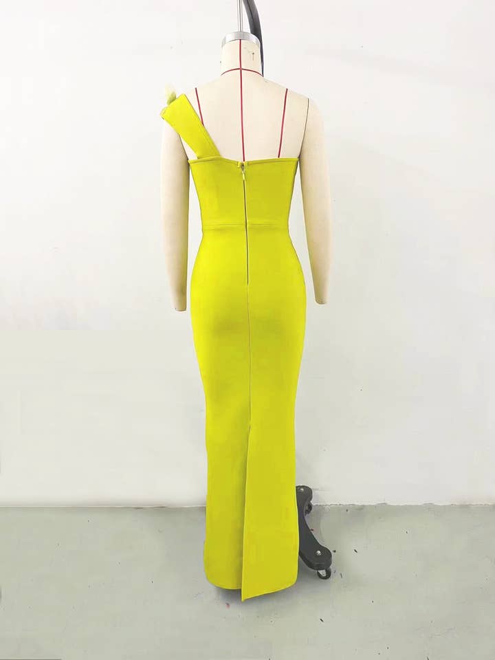 SY142 Elegant Chartreuse One-Shoulder Floral Bandage Gown for wholesale on Faire5