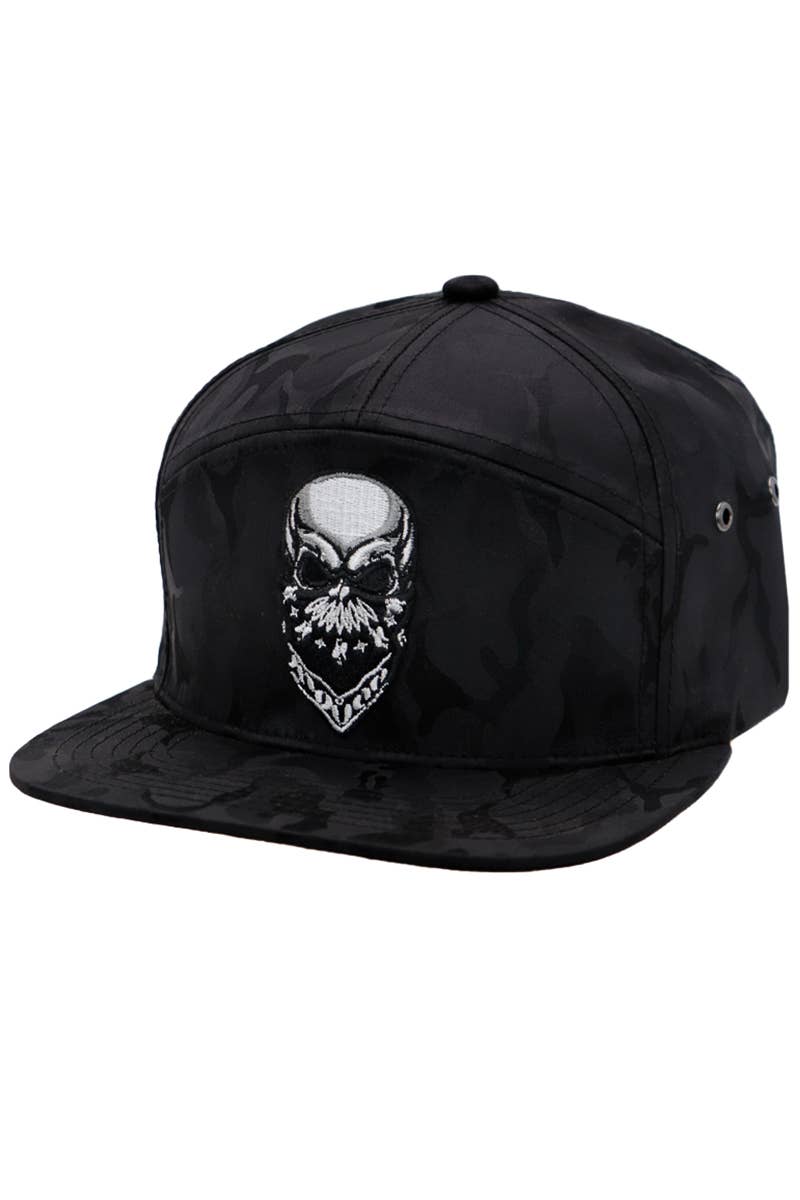 Cap Zone - Wholesale Flat Brim Cap - Men's - Rebellious Biker Skull Camo 7 Panel Snapback0
