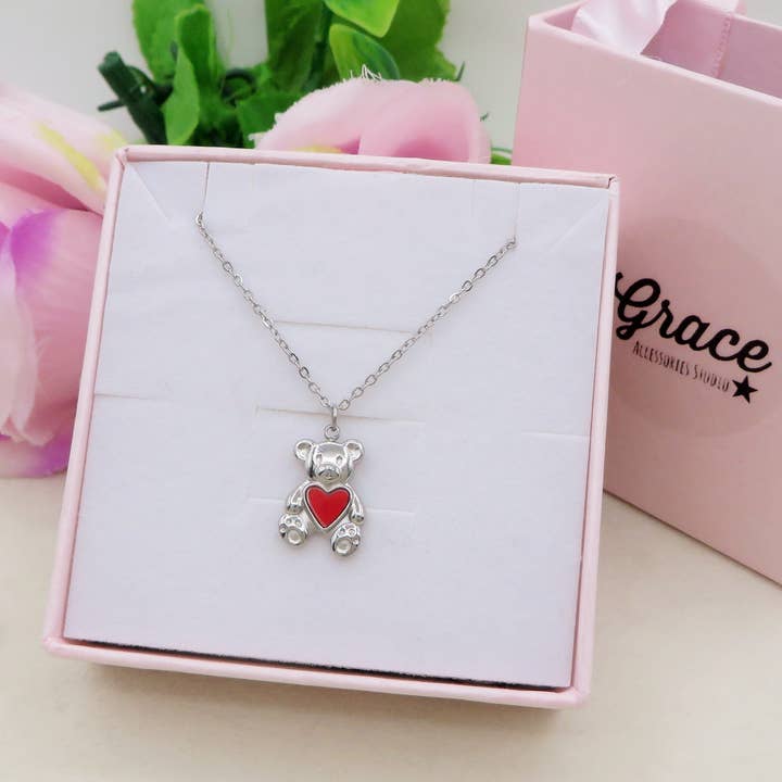 TEDDY HEART - ACCIAIO INOSSIDABILE- collana con Orsetto + cuore smaltato for wholesale by Daemon srls