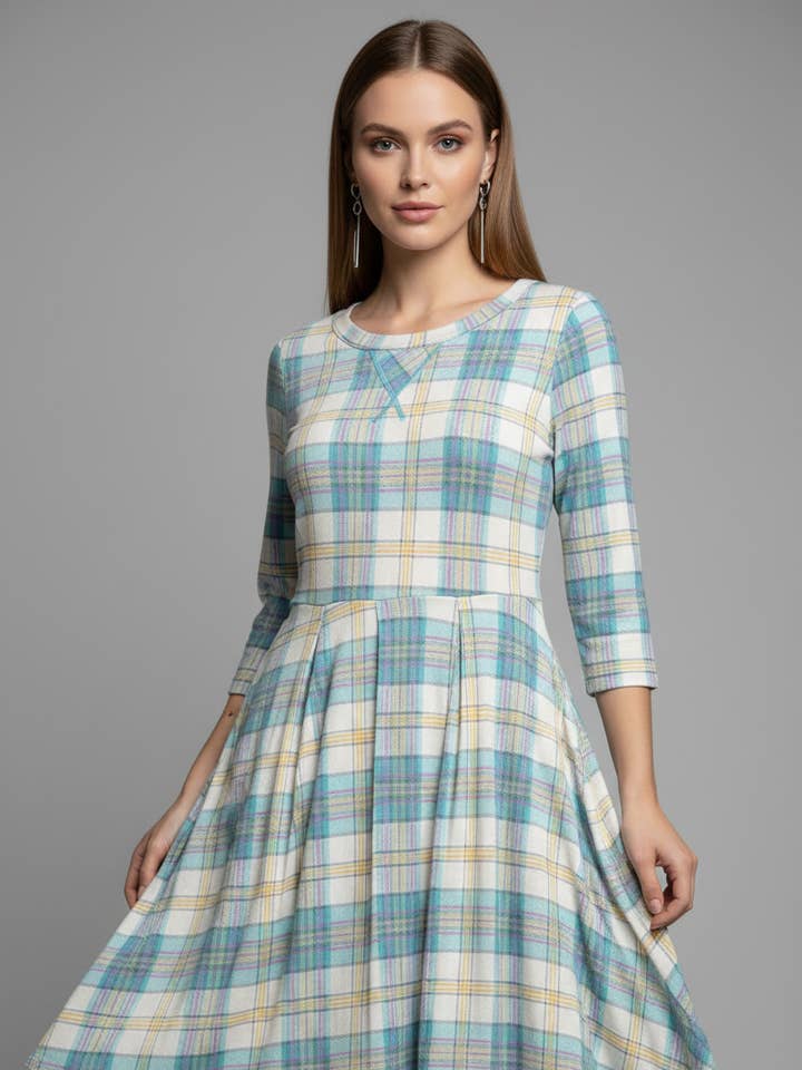 LMD5056 Turquoise Magenta Geruite Jurk voor wholesale door LTX Sportswear