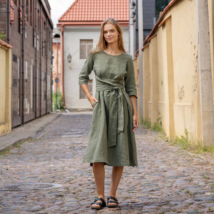 menique - Wholesale Dress - Women's - Linen Dress 3/4 Sleeve Obi Wrap Dress Miley - Summer Dress