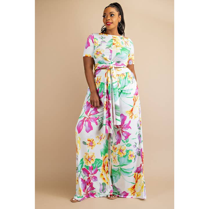 Curve Market - Vente Ensemble haut et pantalon (PAS d'intérieur) - Femme - HAUT À MANCHES COURTES ENVELOPPANT FLORAL GRANDE TAILLE ET PALAZZO PA2