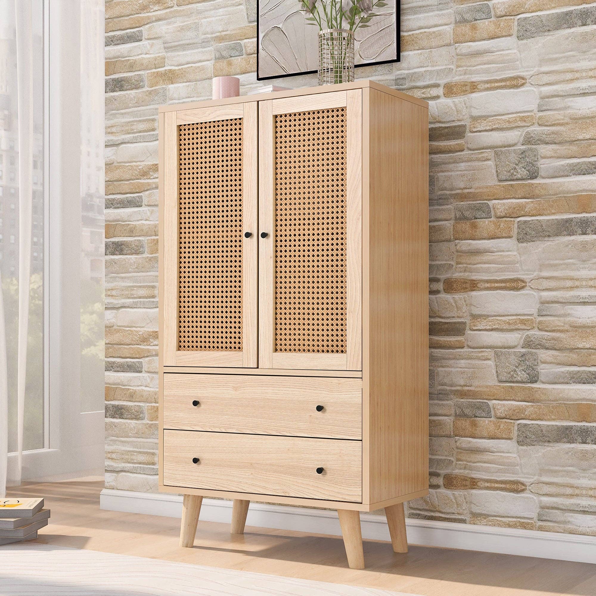 Urban Meuble - Wholesale Cabinet - Wood-effect sideboard with rattan doors and 2 drawers, solid wood legs FENMUCK6
