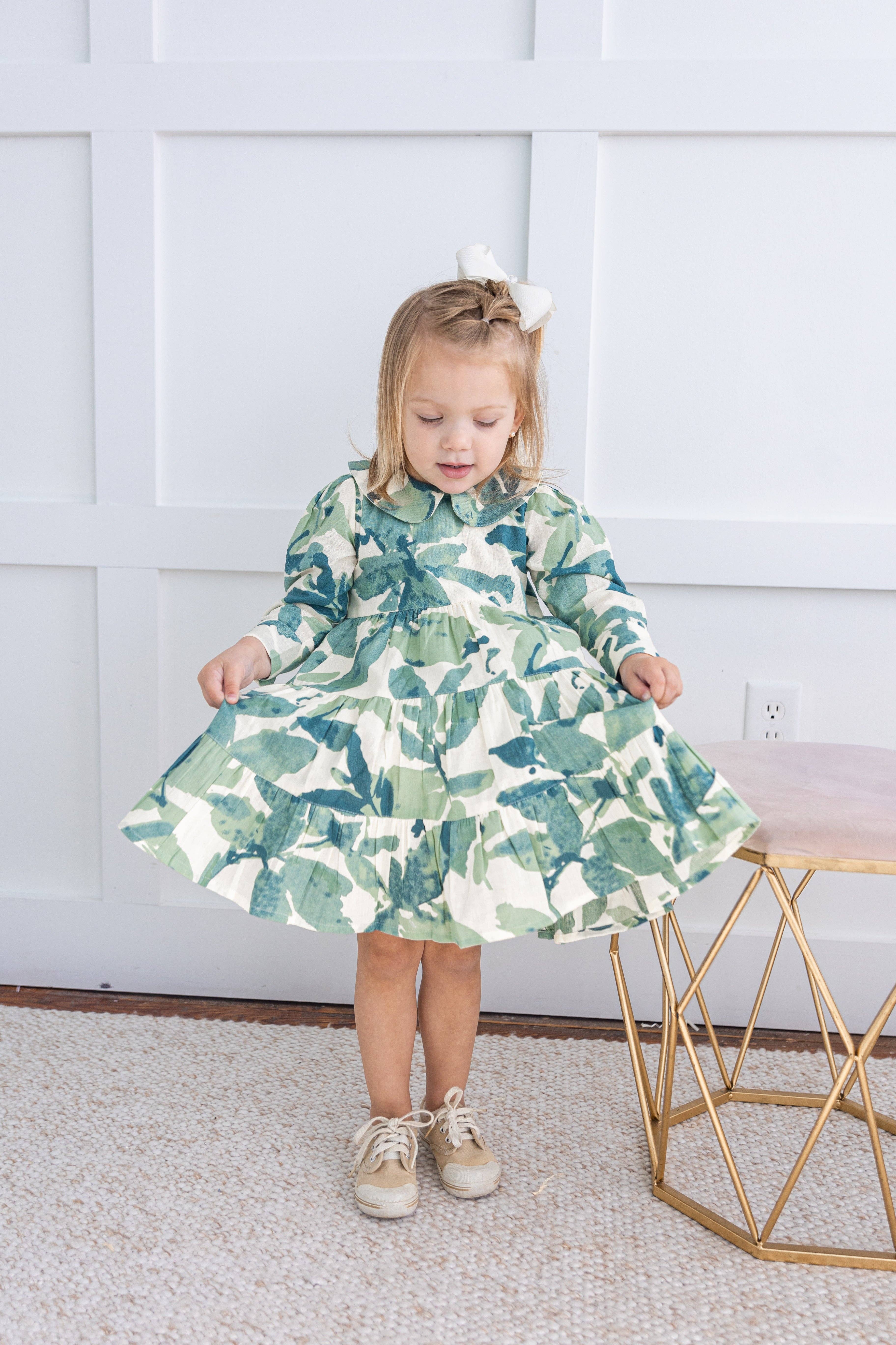 Yo Baby - Wholesale Dress - Kids - Sage-Green Leaf Printed Peter Pan Collar Tiered Long Sleeve Dress3