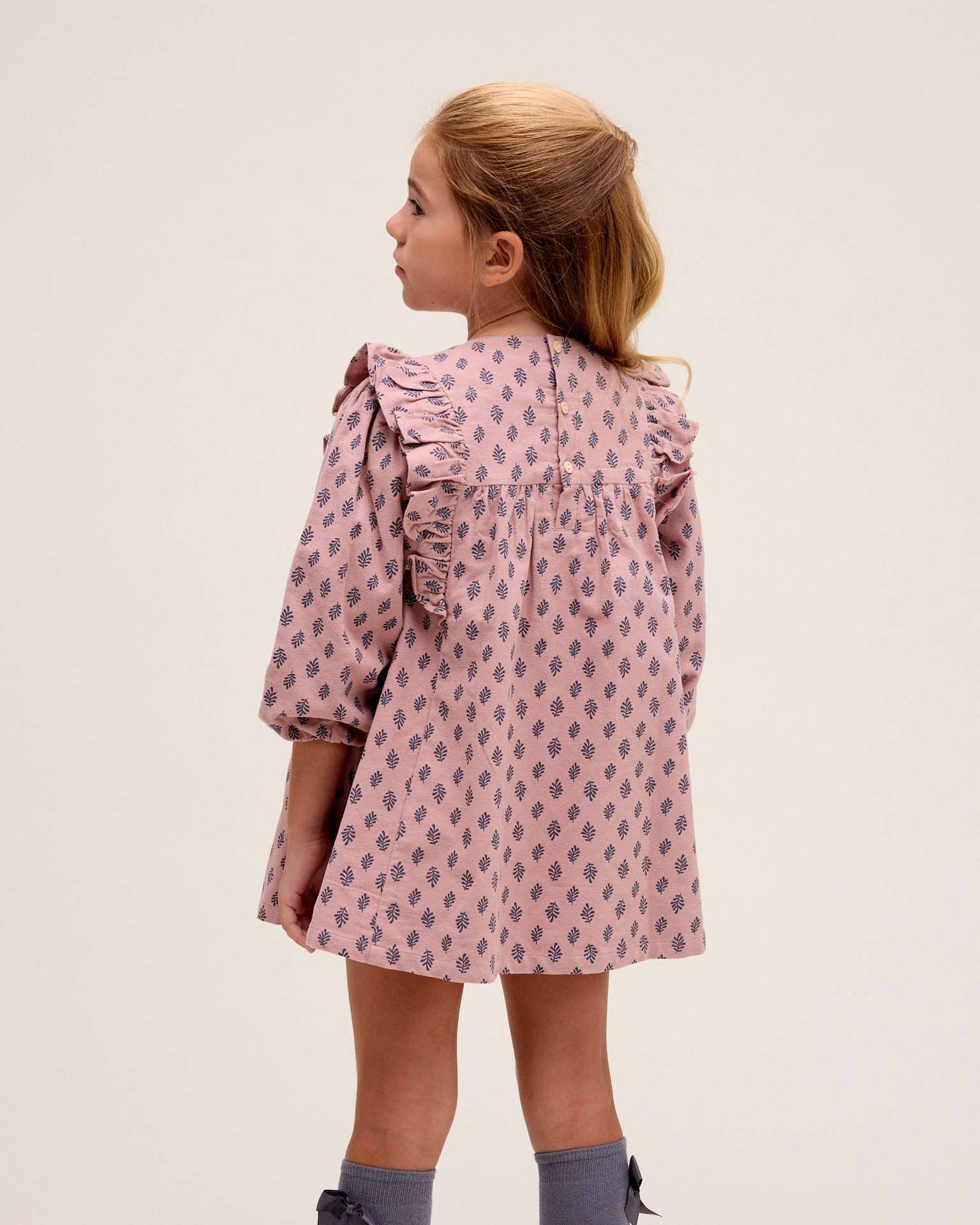 Rose Pink girl's dress with blue leaf print for wholesale on Faire1