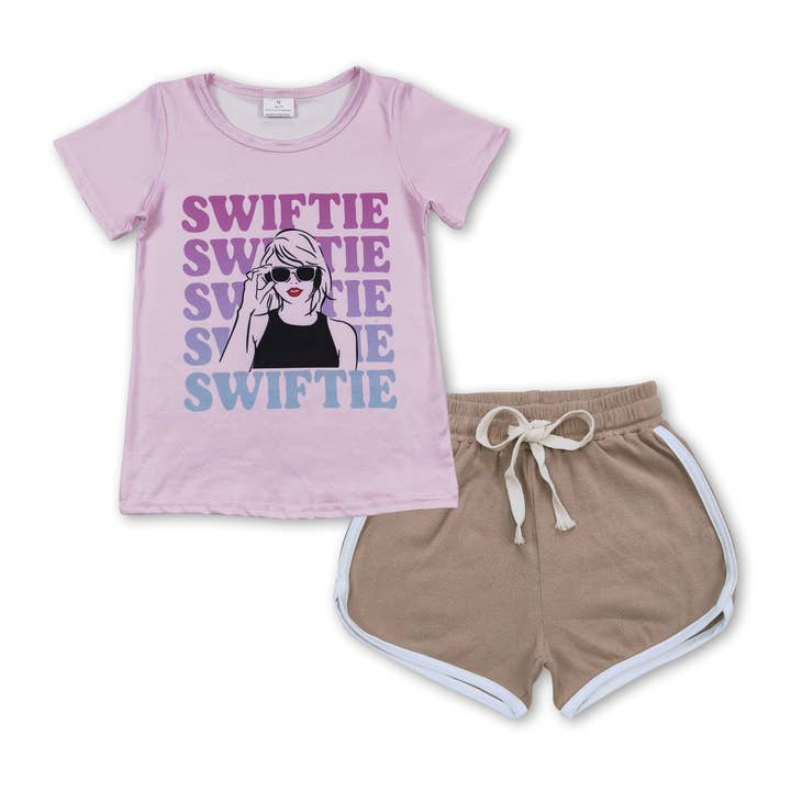 Pink letters top khaki shorts singer girls clothes for wholesale by Yawoo Garments