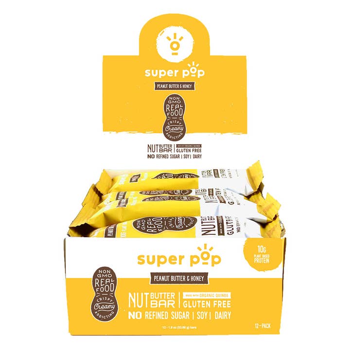Super Pop Snacks - Deliciously Soft & Crispy Nut Butter Bars - Wholesale Snack Bar - Super Pop - Peanut Butter and Honey Bar (12 pack)