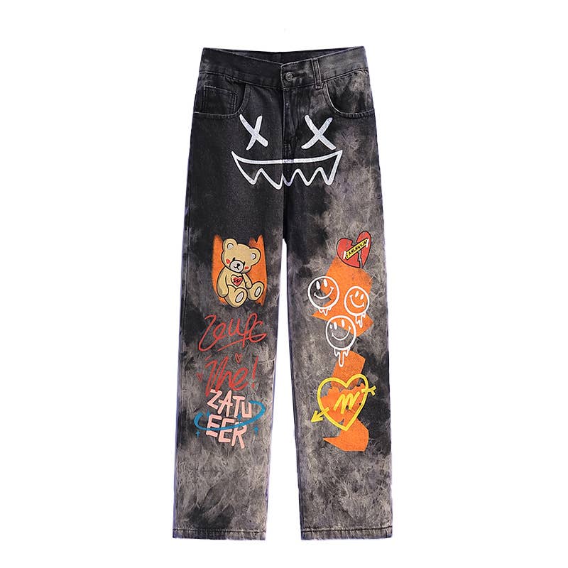 Nero Jeans graffiti hip-hop neri larghi e dritti unisex in vendita all'ingrosso su Faire0