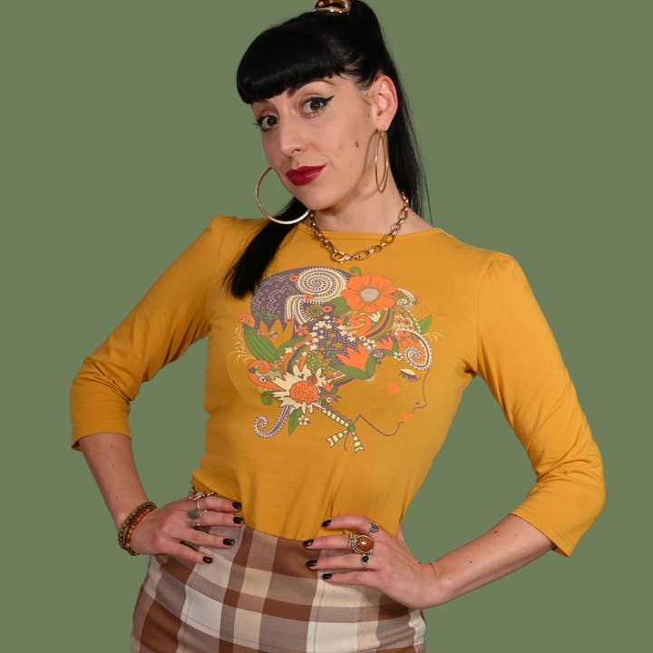 Floral Bouffant 3/4 Sleeve Tee in Goldenrod for wholesale by Blue Platypus