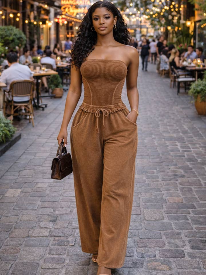 MINERAL WASH ELASTIC WAIST STRAPLESS JUMPSUIT for wholesale by Dalia Studio