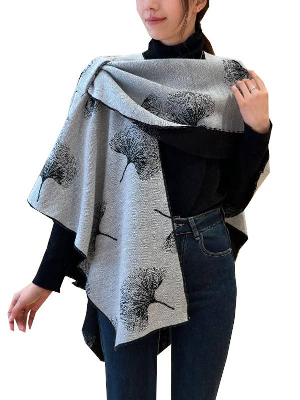 Cozy Cashmere Like Travel Black/Gray Ginkgo Reversible Shawl for wholesale by Winding River