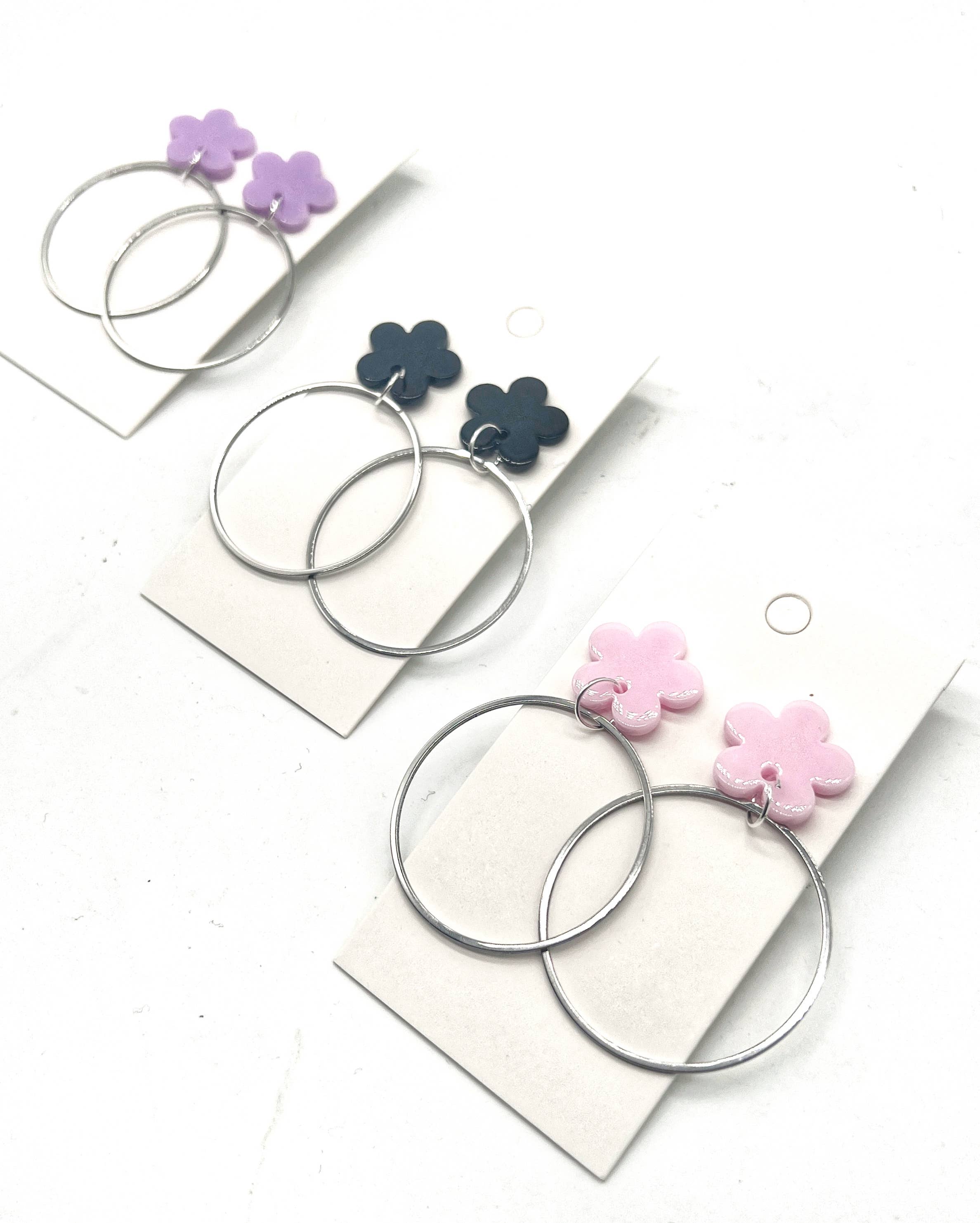 Baubles by B - Wholesale Dangle Earrings - Black Blossom Flower Silver Hoop Earrings4