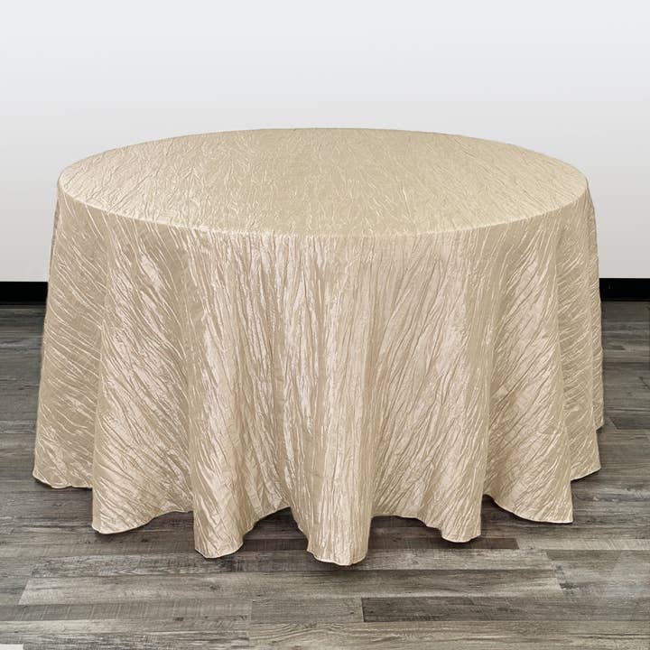 120 inch Crinkle Taffeta Round Tablecloth Champagne for wholesale by YOUR CHAIR COVERS