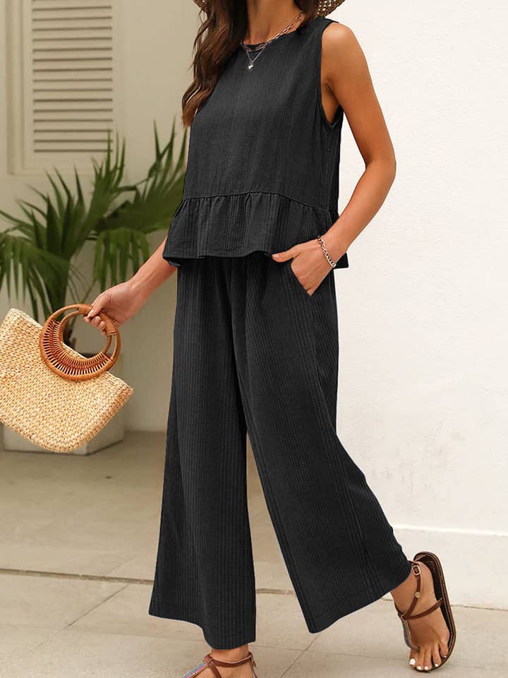 Black Solid Color Ribbed Ruffle Tank Top and Pants Set for wholesale by Azzurro