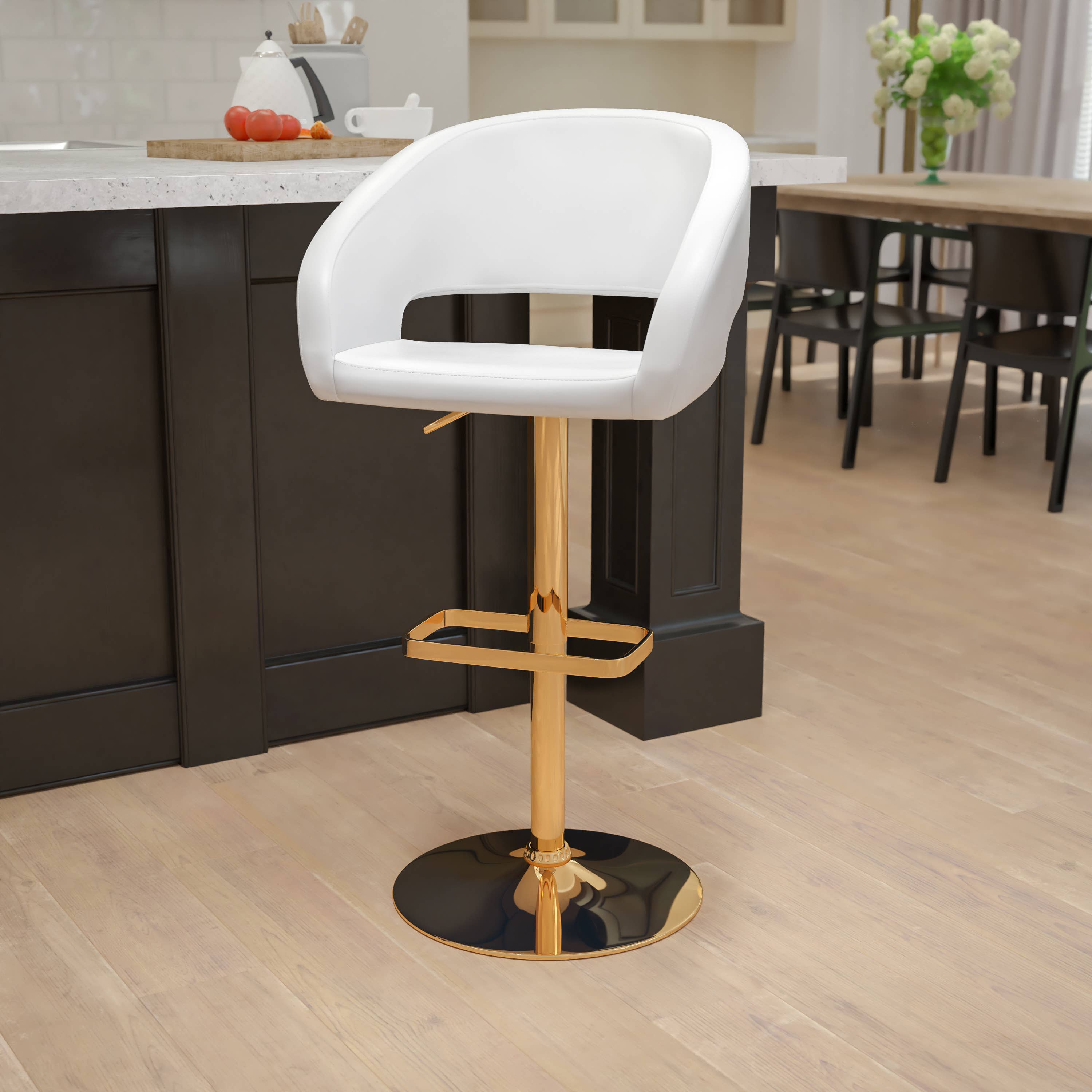 White Vinyl Barstool - Gold Base for wholesale on Faire