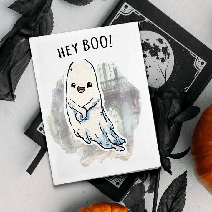 Aaron Millard Illustration - Venta al por mayor Tarjetas de amistad - «Hey Boo» - Tarjeta de Halloween con fantasmas espeluznantes, tarjeta para parejas de terror1