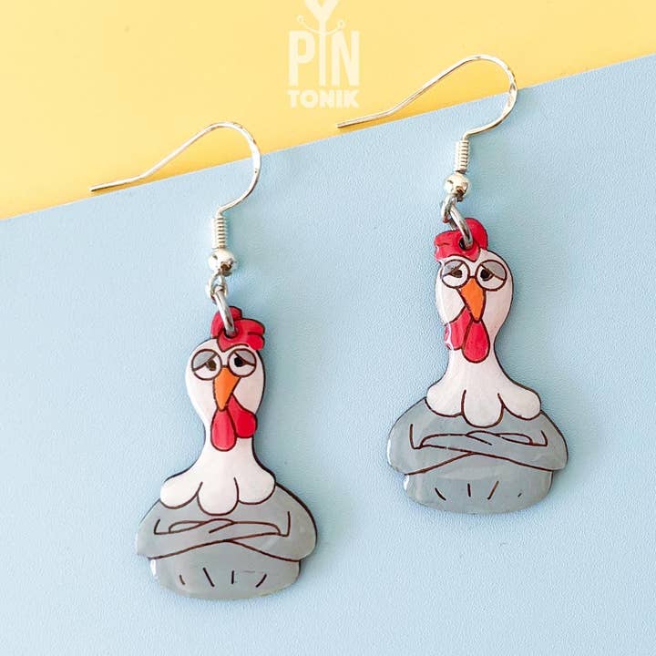 Brincos Pendurados de Galinha em Madeira e Prata de Lei por atacado de PinTonik