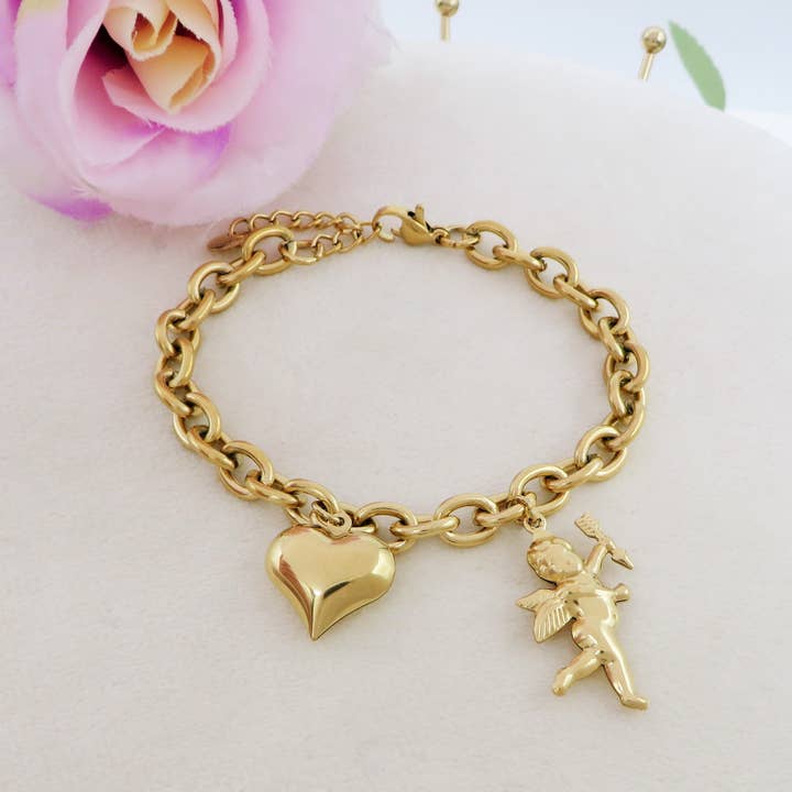 Daemon srls - Wholesale Charm/Dangle Bracelet - CUPID- Bracciale con angelo cupido e cuore bombe' ACCIAIO INOSSIDABILE