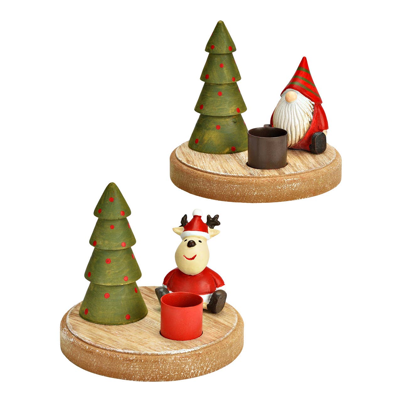 Wurm – Großhandel Kerzenhalter – Kerzenhalter Tannenbaum, Nikolaus/Elch Dekor aus Holz/Metall, 2-fach, Rot (B/H/T) 10x10x9cm0