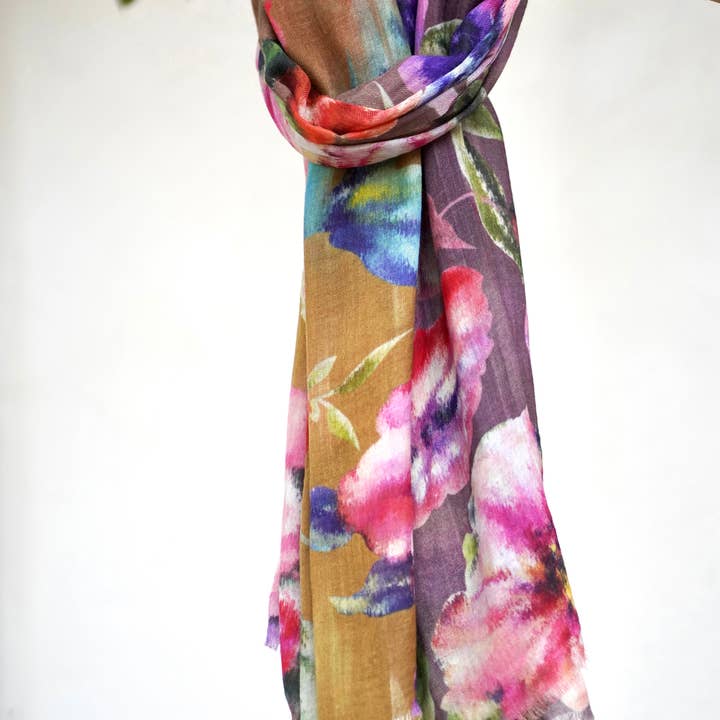 Evelyn Wool Silk Scarf Purple Brown for wholesale on Faire