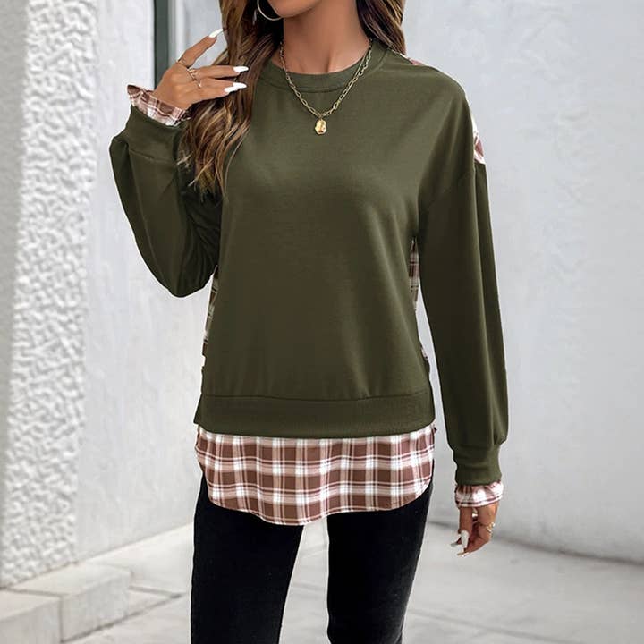 Army Green Casual Vintage Crewneck Plaid Patchwork Sweatshirt BFZY1677 for wholesale on Faire0