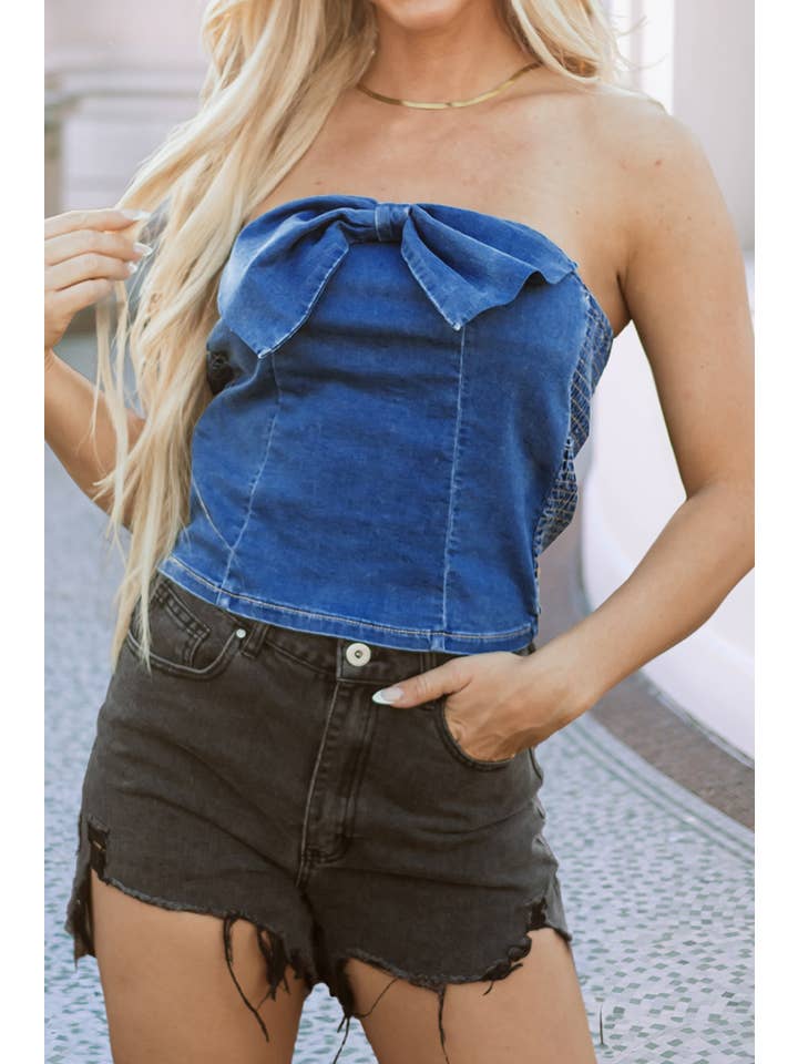 Sail Blue LDC Vintage Bow Front Smocked Back Denim Tube Top for wholesale on Faire