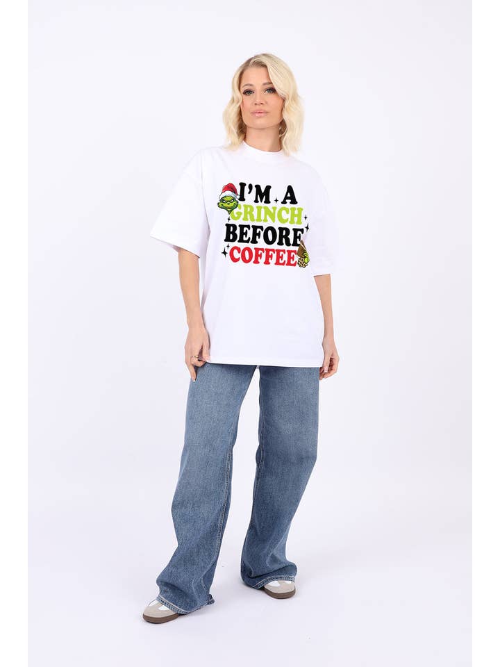 Missi Clothing – wholesale Screen printed t-shirt – Women′s – 220GSM Oversize Christmas T-Shirt In Grinch Before Coffee Print4