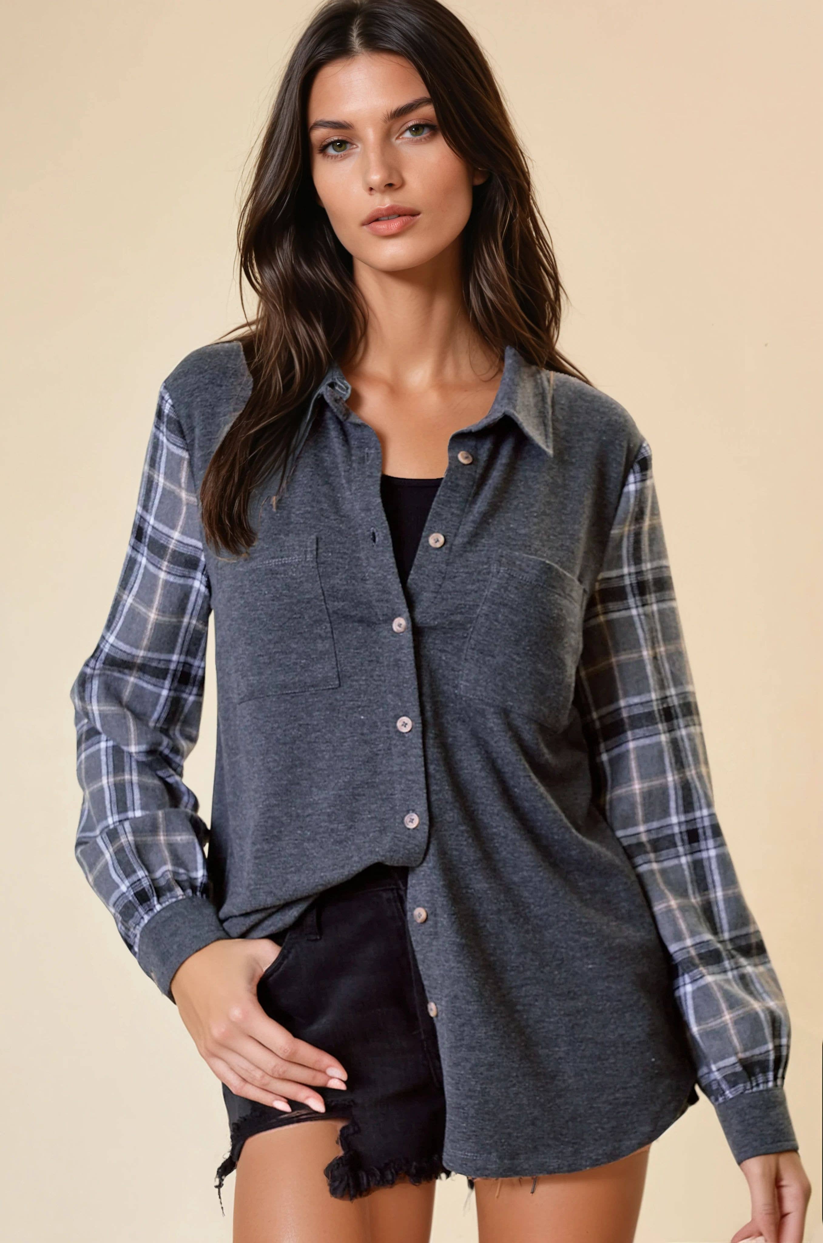 CHARCOAL PLAID SLEEVE SHIRT - 43394T for wholesale on Faire0