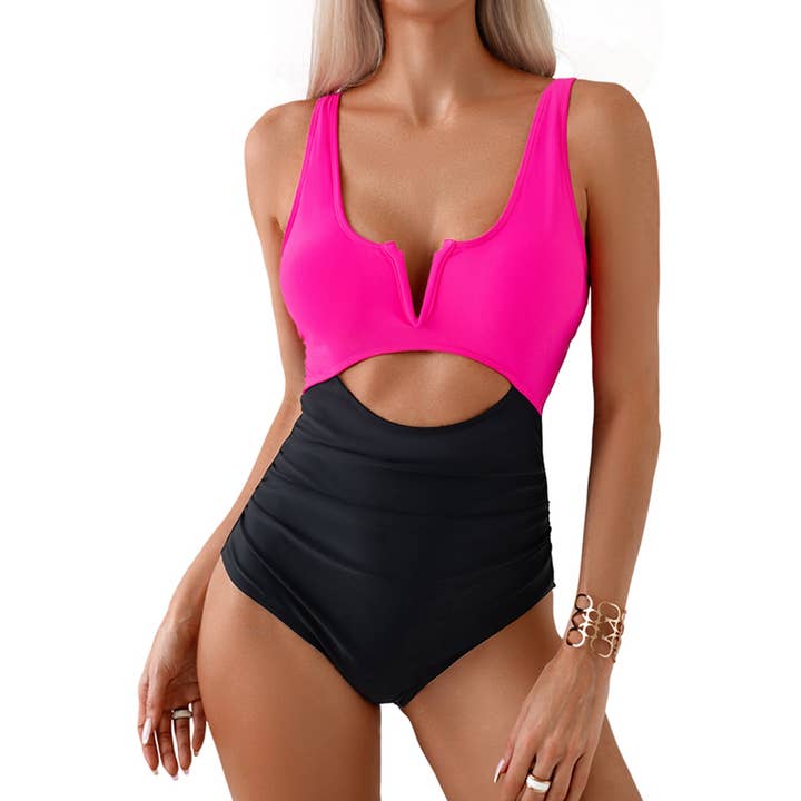 Supreme Fashion - Wholesale One Piece Swimsuit - Women's - One Piece Cut Out Fit Color Block Swimsuit
