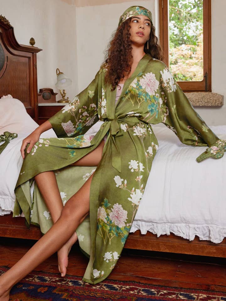 Floral Olive Kimono Robe for wholesale on Faire44