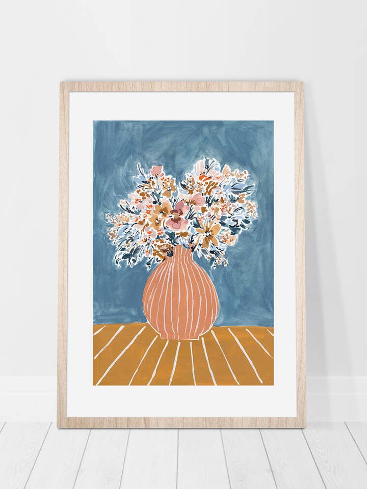 Stone Blue, Peach and Mustard | Floral Vase Print for wholesale by Rose Jocham