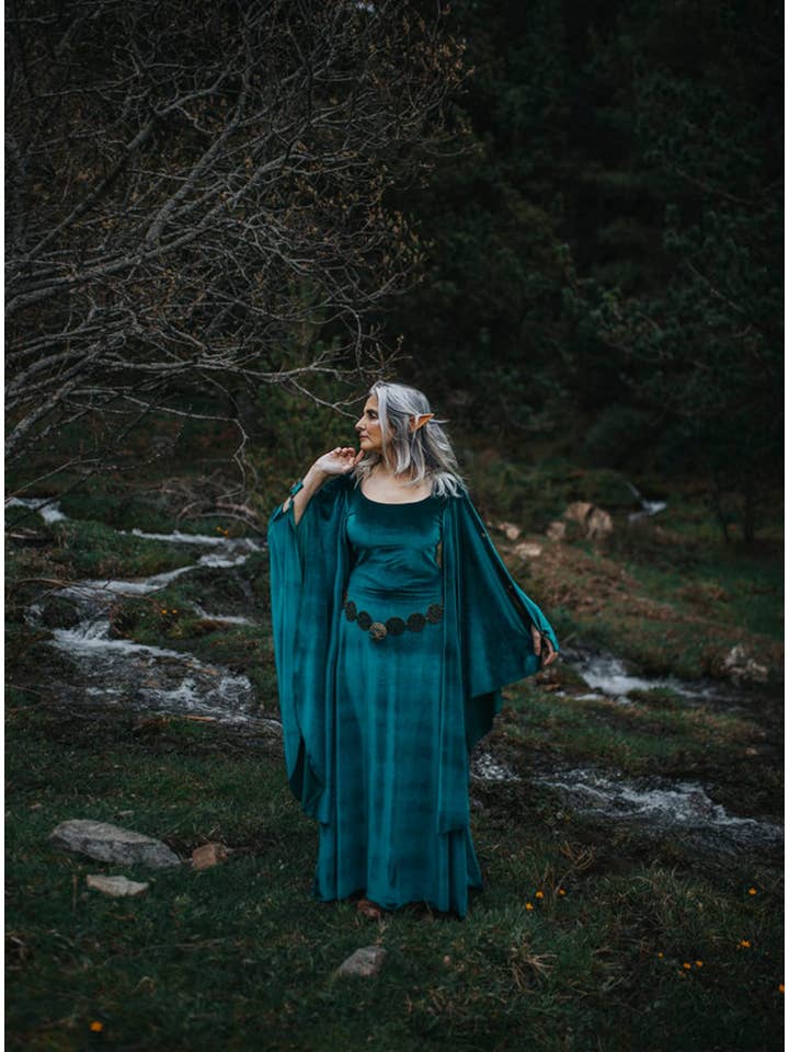 Costurero Real – Disfarce – Mulher por atacado – Vestido de veludo celta élfico verde traje de druida elfo medieval2