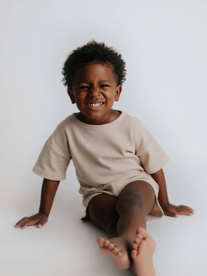Three Little Tots - Wholesale Top & Short Set - Kids - Tan Summer Waffle Toddler Top & Bottom Set