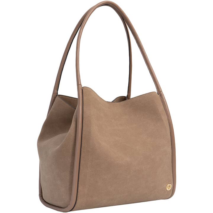 CAMEL Joan & David Double Handle Faux Suede Tote for wholesale on Faire