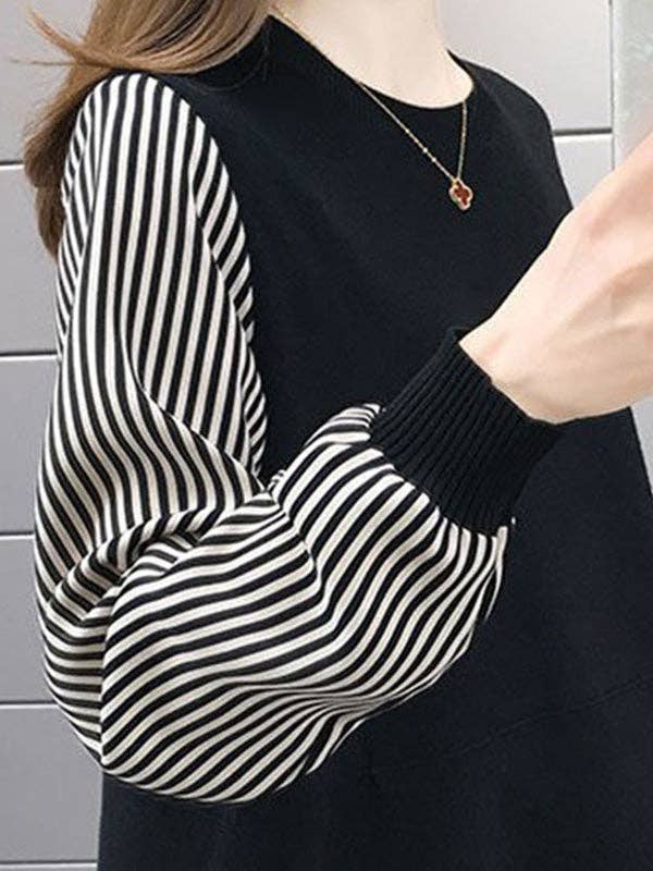 ShieldChic - Wholesale Knit Sweater - Women's - Original Loose Split-Joint 5 Colors Striped Round-Neck Long Sleeves False Two Sweater Top6