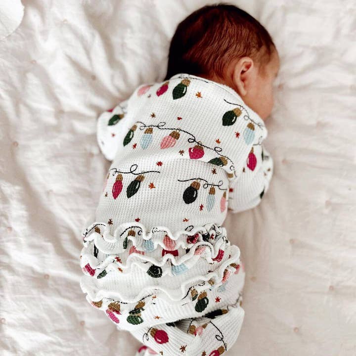 SpearmintLOVE - Wholesale Jumpsuit - Baby - Organic Waffle Ruffle Zip Footie, Pink Christmas Lights
