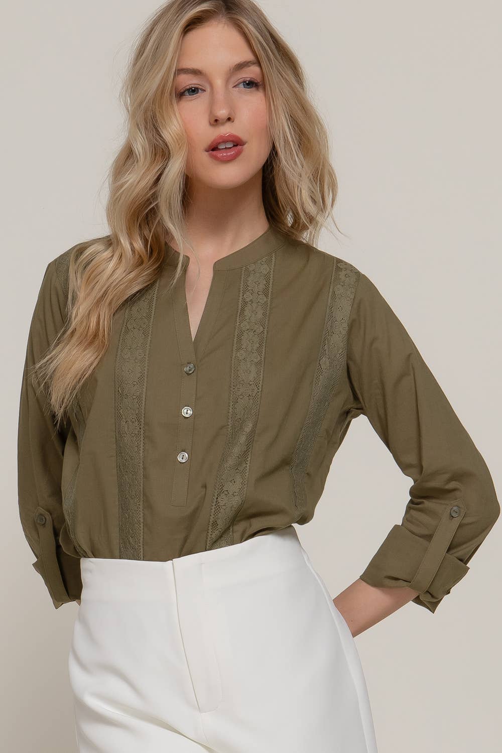 Active Basic | Active USA - Venta al por mayor Blusa - Mujer - Blusa tejida con panel de encaje y manga larga0