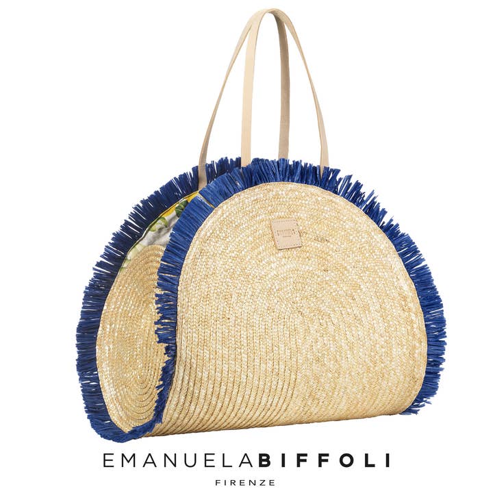 „PORTO CERVO“ STROHSACK MIT BLAUEN FRANSEN für den Großhandel von EMANUELA BIFFOLI FIRENZE