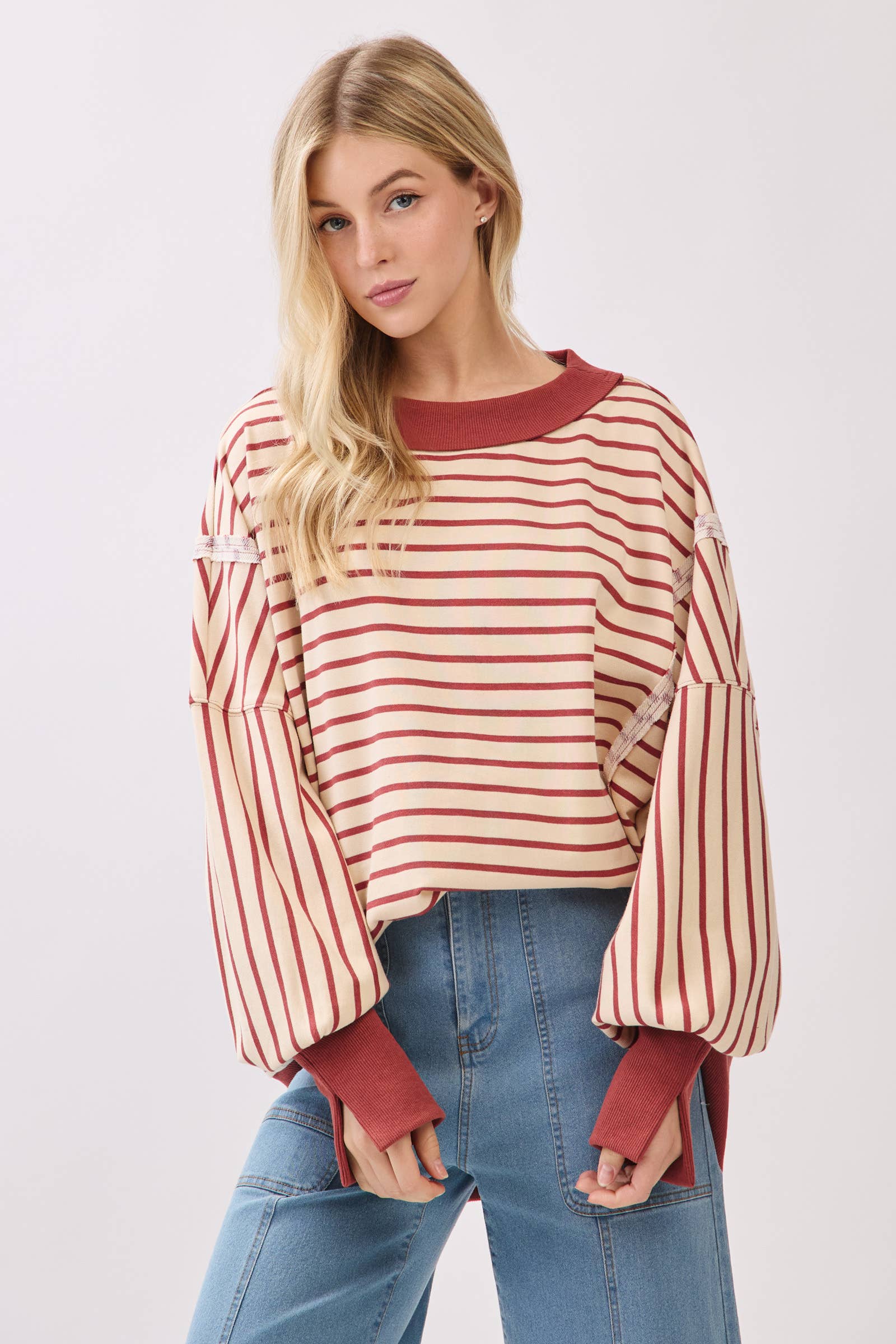 Sewn and Seen - Wholesale Sweatshirt - Women's - Striped Balloon Sleeve Terry Sweatshirt2