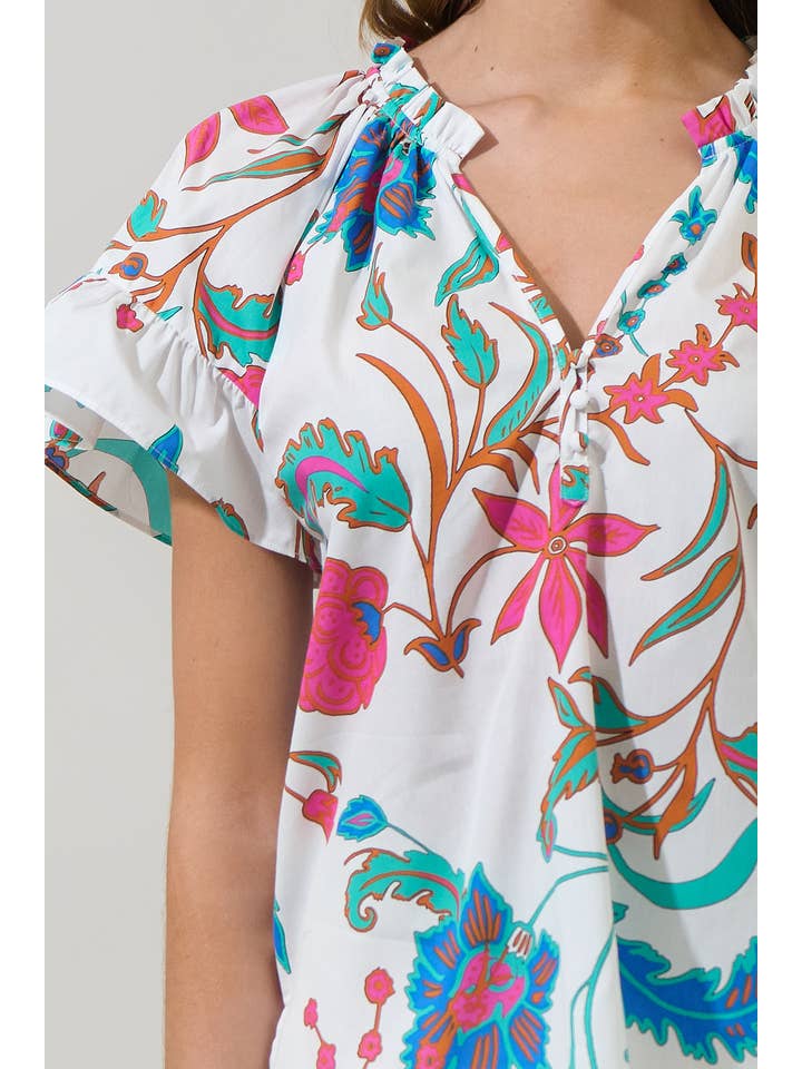 WhiteFuschia Izzie Floral Macy Ruffle Top for wholesale on Faire