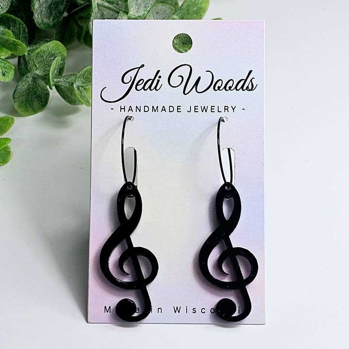 Jedi Woods LLC - Wholesale Dangle Earrings - Black Treble Clef Music Earrings with Hoops, Gauge Friendly