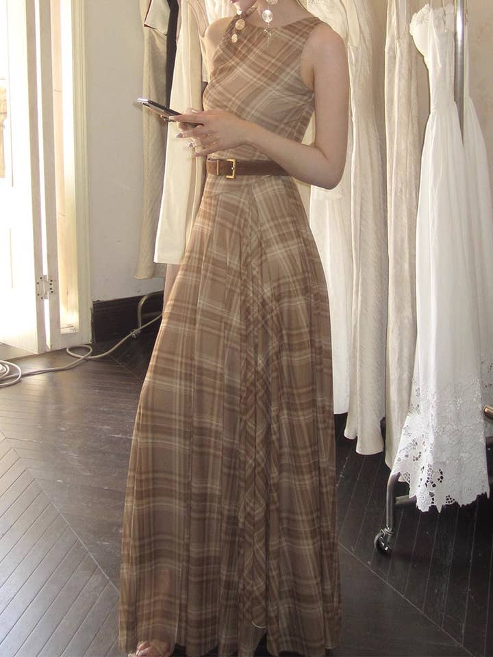 Khaki Brown Plaid Modern Love Retro French Chic Sleeveless Maxi Dress for wholesale on Faire5